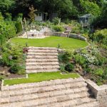 Das Bild zeigt einen Garten mit Natursteintreppen und verschiedenen Plateaus umrandet von bepflanzten Beeten.